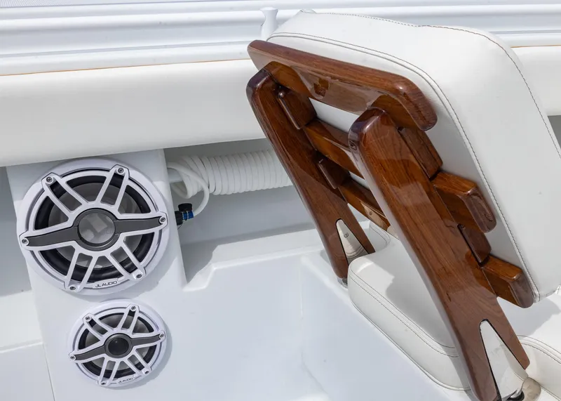 Slide: The Image of 2025 Invincible 43 Open Fisherman boat seat with JL Audio speakers. - 12