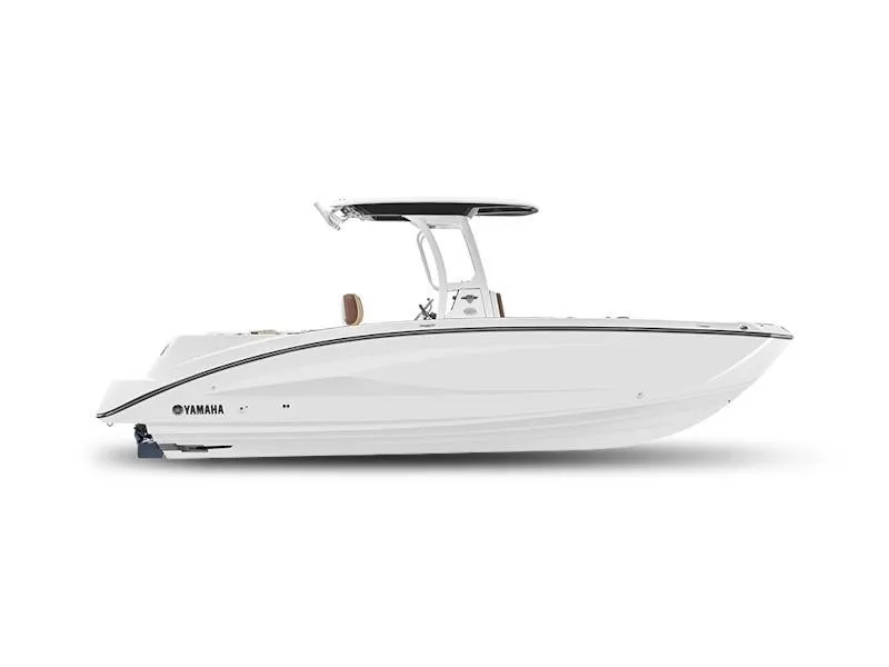 Slide: The Image of 2025 Yamaha Boats 252 FSH Sport, sleek white design, side view. - 26