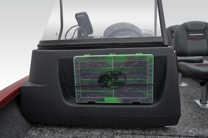 Slide: The Image of 2026 Tracker Pro Guide V-16 WT boat interior with Bass Pro Shops tackle box. - 16