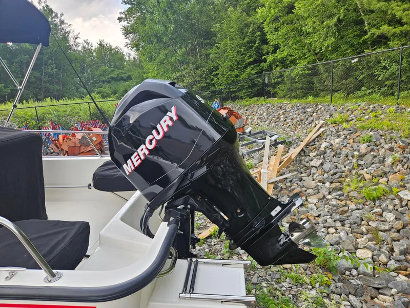 Slide: The Image of 2008 Boston Whaler 170 Montauk with Mercury outboard motor, parked on rocky terrain. - 10