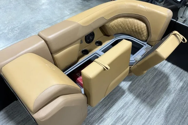 Slide: The Image of Luxurious tan seating on 2025 Godfrey Sweetwater 2286 SFL iMPACT pontoon boat. - 12