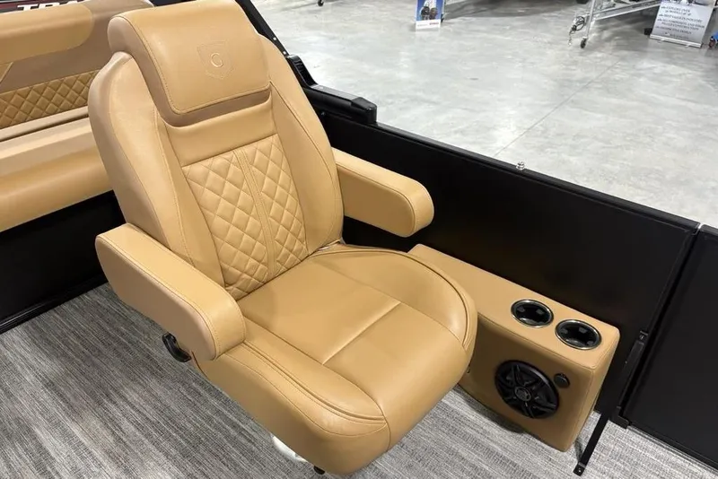 Slide: The Image of Luxurious tan seating in 2025 Godfrey Sweetwater 2286 SFL iMPACT pontoon boat. - 29