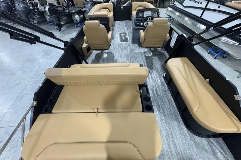 Slide: The Image of 2025 Godfrey Sweetwater 2286 SFL iMPACT pontoon boat interior with tan seating and modern design. - 35