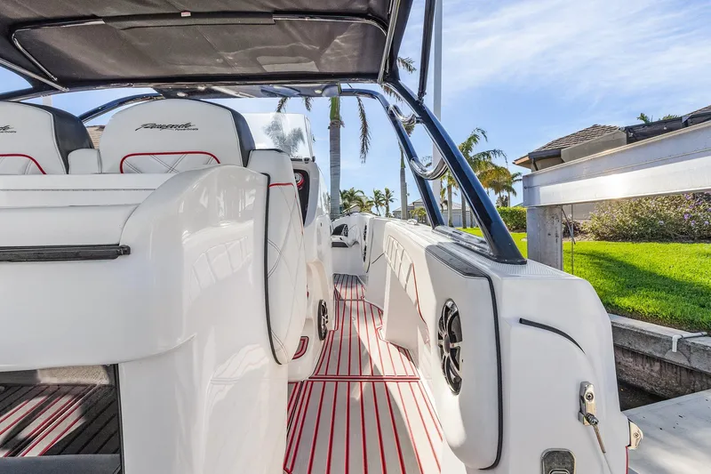 Slide: The Image of 2020 Renegade 33' Open boat interior with sleek seating and modern design. - 17