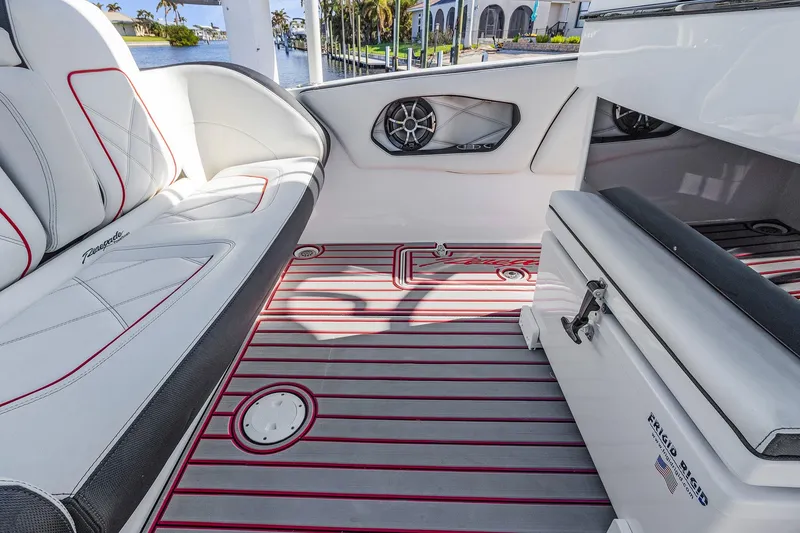 Slide: The Image of Interior of 2020 Renegade 33' Open boat with stylish seating and modern design. - 18