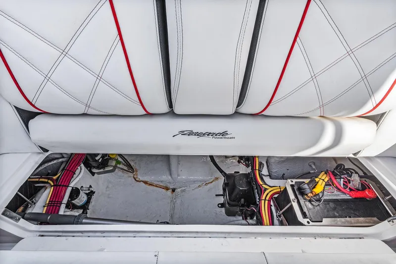 Slide: The Image of 2020 Renegade 33' Open boat interior with white seating and visible wiring. - 21
