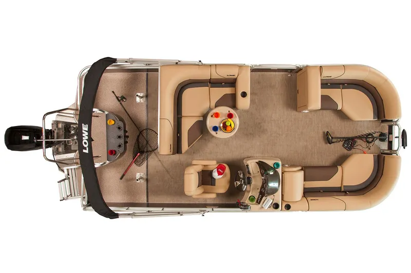 Slide: The Image of Manufacturer Provided Image: 2017 Lowe SF212 Sport Fish pontoon boat, top view, beige seating, fishing gear, and control console. - 6
