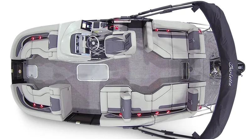 Slide: The Image of 2025 Barletta Corsa 23M pontoon boat, top view, showcasing spacious seating and modern design. - 2