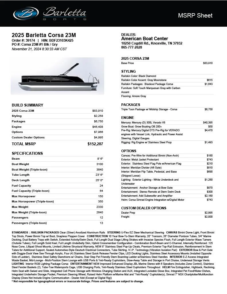 Slide: The Image of 2025 Barletta Corsa 23M MSRP sheet detailing specifications, pricing, and options for a luxury pontoon boat. - 3