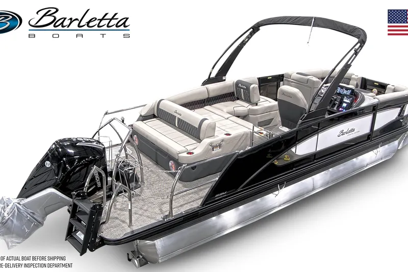 Slide: The Image of 2026 Barletta L23U pontoon boat with luxurious seating and modern design. - 2