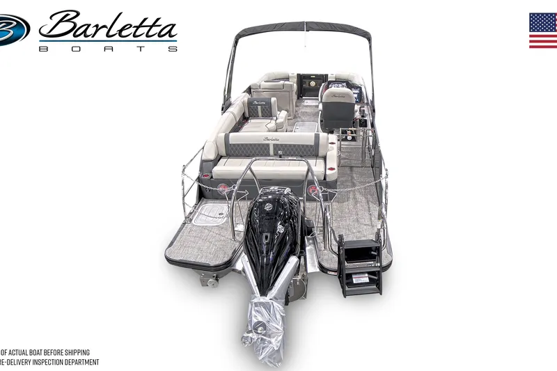 Slide: The Image of 2026 Barletta L23U pontoon boat, rear view, showcasing spacious seating and modern design. - 7