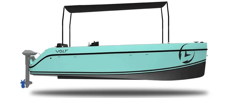 Slide: The Image of 2024 Vision Marine Technologies Volt 180 electric boat, sleek design, turquoise color, side view. - 10