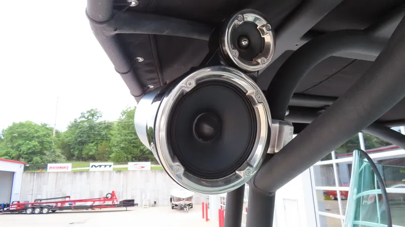 Slide: The Image of Speakers on a 2020 Scarab 255 Open G boat, showcasing marine audio system. - 17