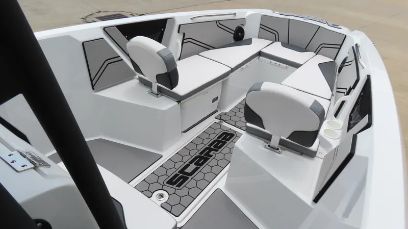 Slide: The Image of 2020 Scarab 255 Open G boat interior with modern seating and stylish design. - 20