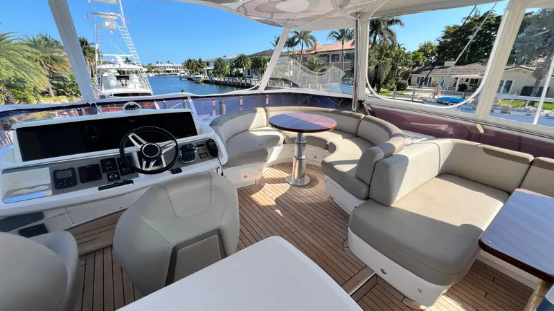 Slide: The Image of Luxurious 2019 Princess F62 yacht interior with helm, seating, and scenic waterfront view. - 42