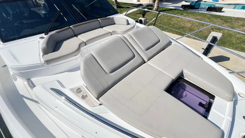 Slide: The Image of Luxurious 2019 Princess F62 yacht with spacious sunbathing area and comfortable seating. - 48