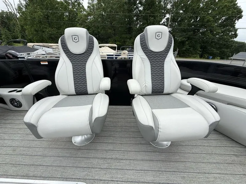 Slide: The Image of Luxury seating on 2021 Godfrey Monaco 235 SFL GTP pontoon boat, featuring stylish design and comfort. - 5