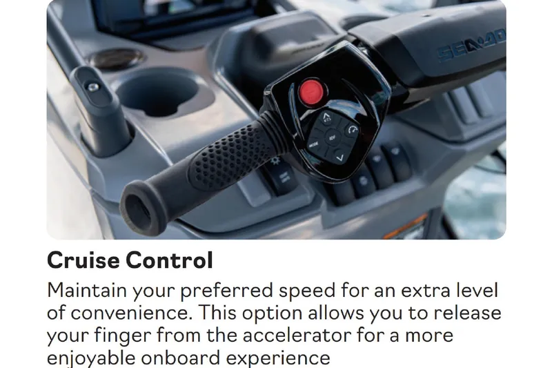 Slide: The Image of Cruise control feature on 2024 Sea-Doo Switch Cruise 18 handlebar for enhanced boating convenience. - 10