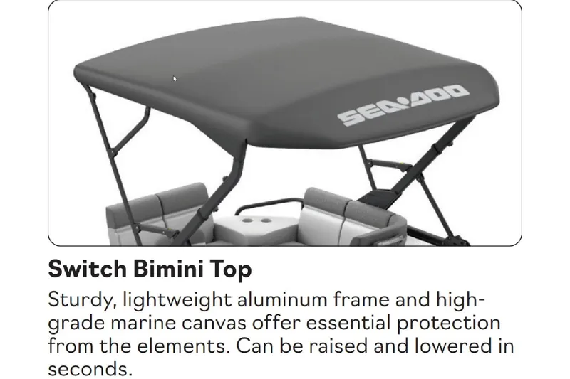 Slide: The Image of 2024 Sea-Doo Switch Cruise 18 with sturdy Bimini top, aluminum frame, marine canvas. - 11