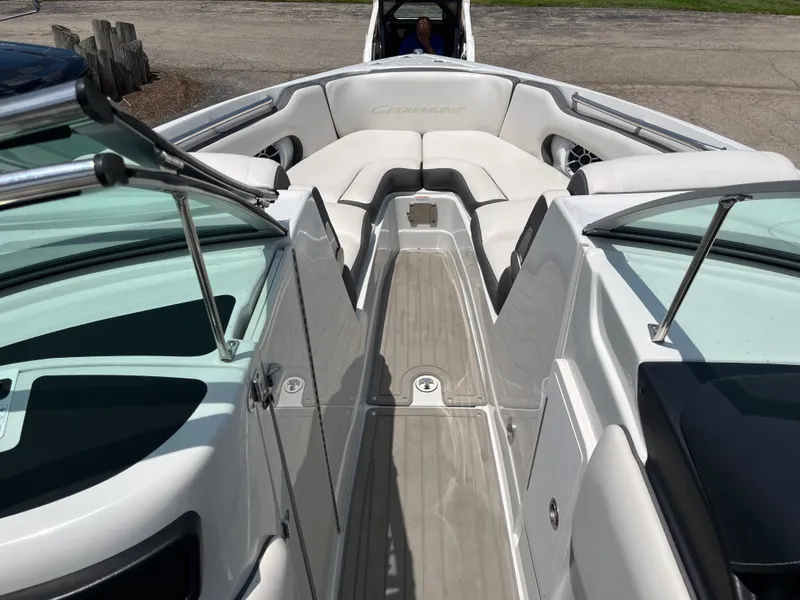 Slide: The Image of 2022 Crownline 280 SS boat interior with sleek seating and modern design. - 3