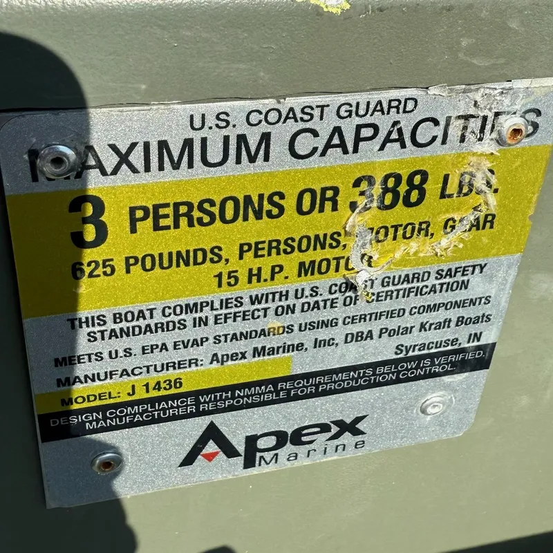 Slide: The Image of Gamefisherman J 1436 capacity label, 3 persons or 388 lbs, U.S. Coast Guard compliant. - 7