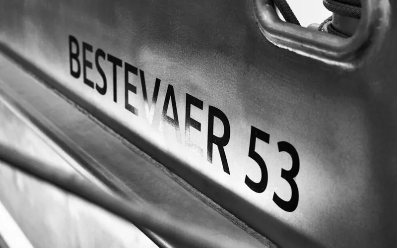 Slide: The Image of Bestevaer 53 M/Y yacht, 2026 model, close-up of name on hull. - 35