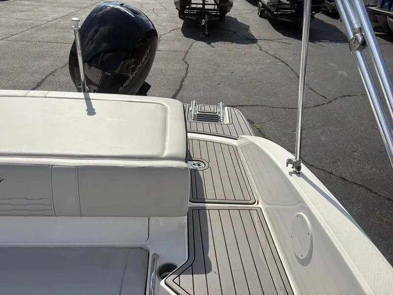 Slide: The Image of 2021 Sea Ray SPX 190 boat deck with Mercury outboard motor. - 25
