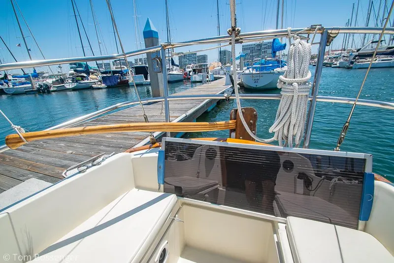 Slide: The Image of Cockpit view of 1993 Pacific Seacraft Flicka 20 sailboat docked at marina. - 26