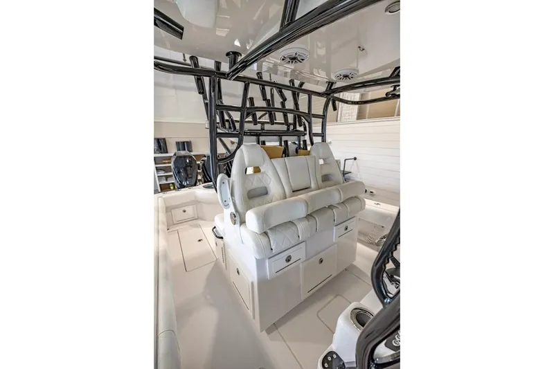 Slide: The Image of 2024 Onslow Bay 37 Tournament boat interior with luxurious seating and modern design. - 39