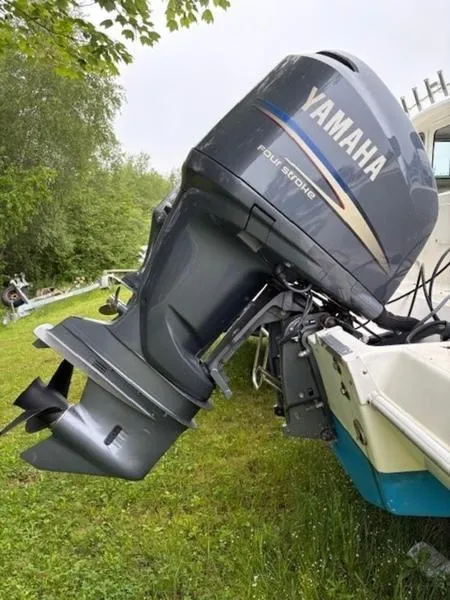 Slide: The Image of 1995 Wellcraft 238 Coastal boat with Yamaha four-stroke outboard motor on grassy area. - 4