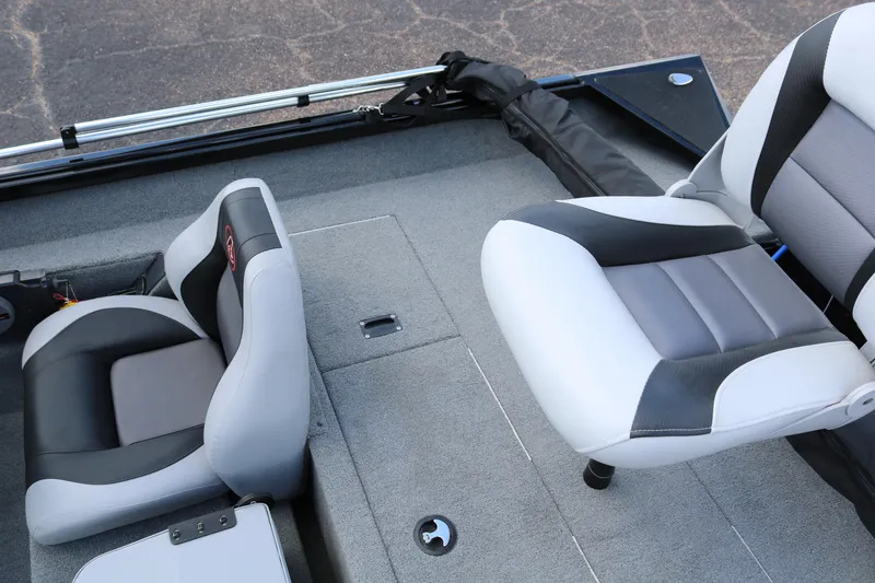 Slide: The Image of 2020 Alumacraft Pro 185 boat interior with gray and black seating. - 27