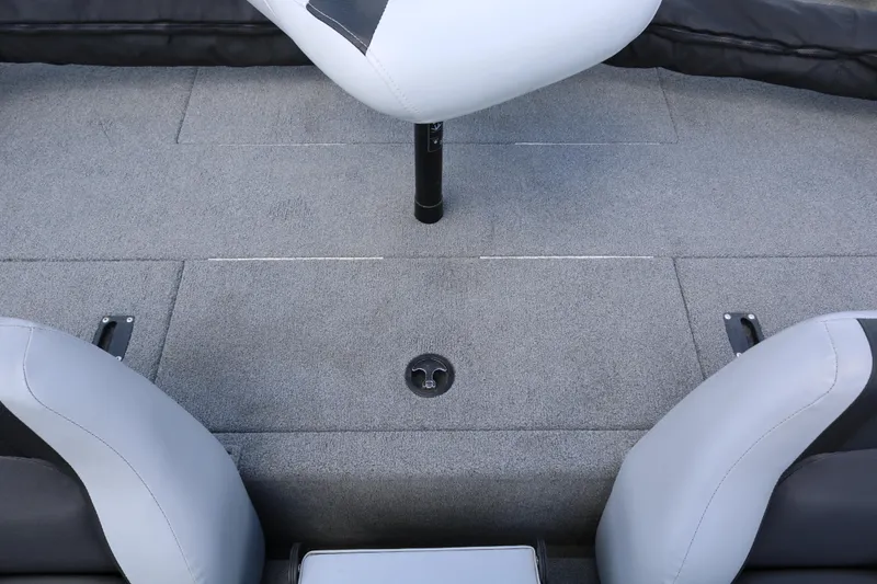 Slide: The Image of 2020 Alumacraft Pro 185 boat interior with gray seating and carpeted deck. - 31