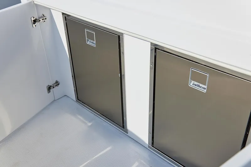 Slide: The Image of Stainless steel storage compartments on 2021 Midnight Express 43' Open boat. - 15