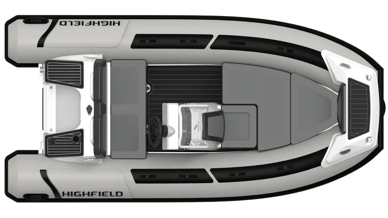 Slide: The Image of 2024 Highfield Sport 390 boat, top view, sleek design, gray and black color scheme. - 6