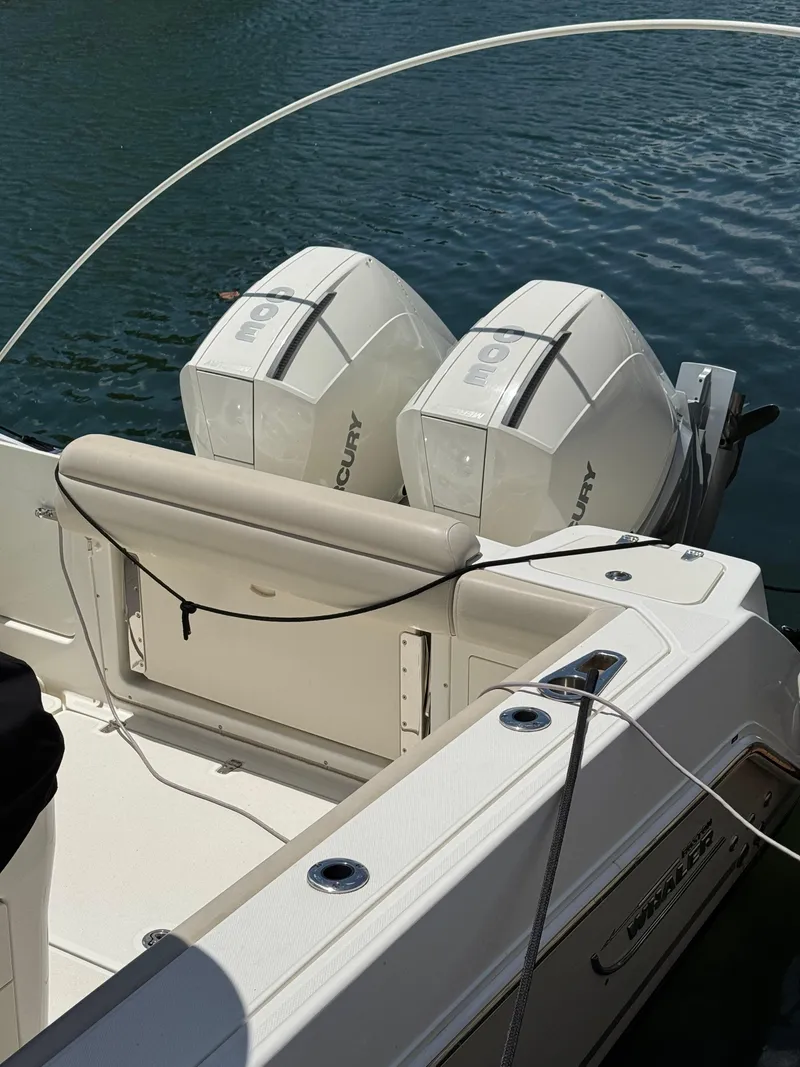 Slide: The Image of 2020 Boston Whaler 280 Outrage with dual Mercury outboard engines on water. - 9