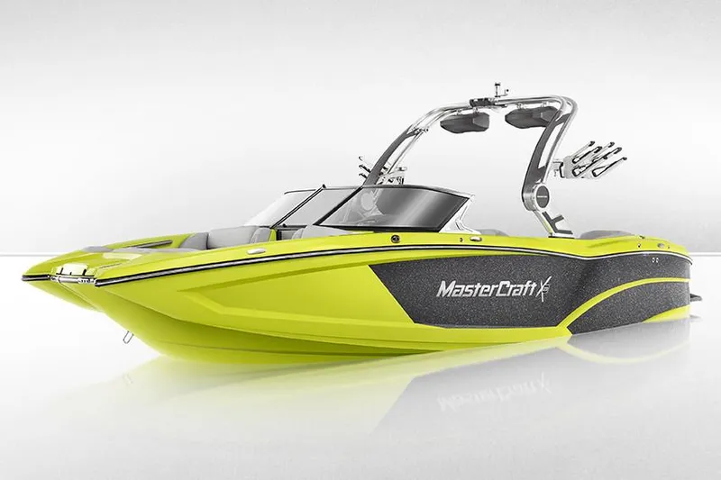 Slide: The Image of Manufacturer Provided Image: 2018 MasterCraft X23 boat, lime green, sleek design, wakeboard tower, luxury watercraft. - 6