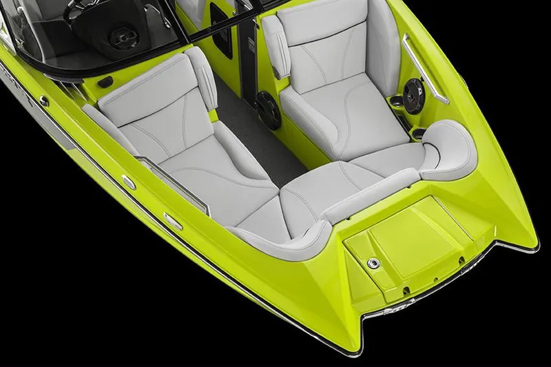 Slide: The Image of Manufacturer Provided Image: 2018 MasterCraft X23 boat interior with lime green and white seating. - 9