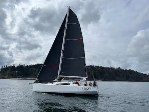 Slide: The Image of 2018 Jeanneau Sun Fast 3600 sailboat on calm waters under cloudy skies. - 36