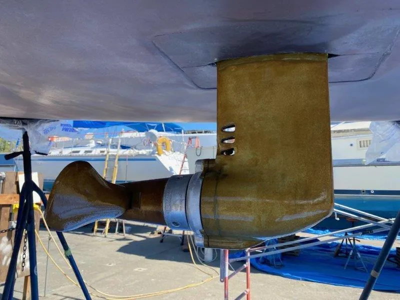 Slide: The Image of 2018 Jeanneau Sun Fast 3600 sailboat propeller and rudder detail in dry dock. - 37