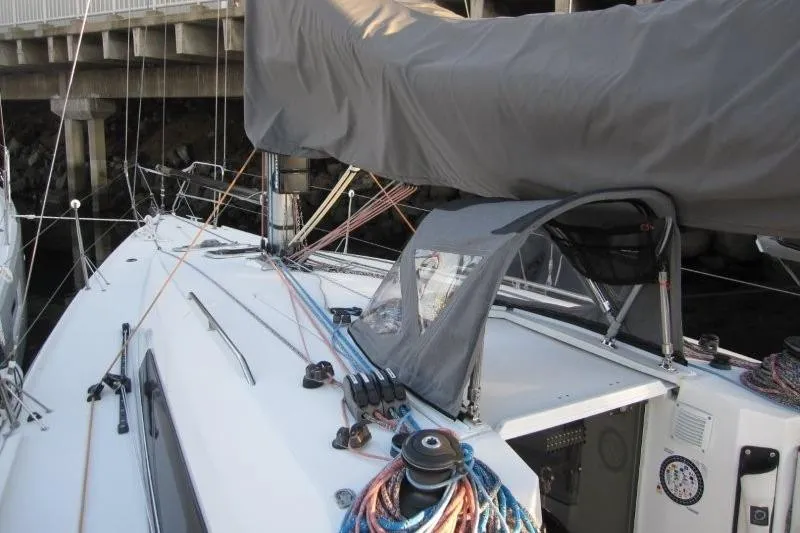 Slide: The Image of 2018 Jeanneau Sun Fast 3600 sailboat deck with covered boom and rigging. - 46