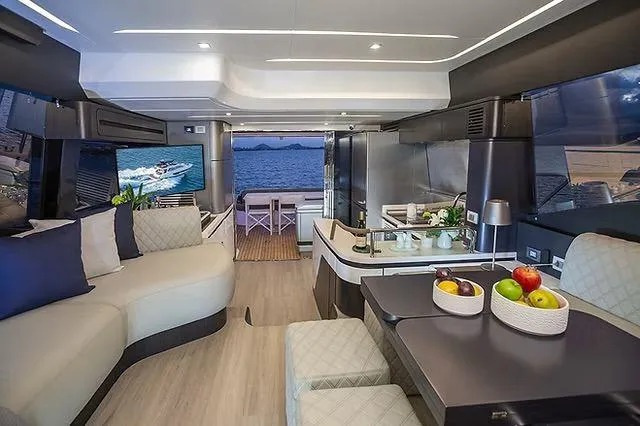 Slide: The Image of Luxurious interior of 2026 Schaefer 600 yacht with modern design and ocean view. - 13