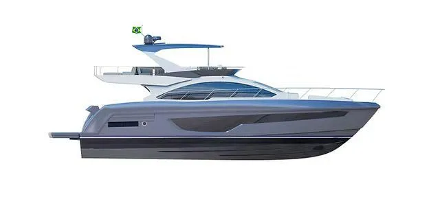 Slide: The Image of Schaefer 660 yacht, 2025 model, sleek design with Brazilian flag, side view. - 42