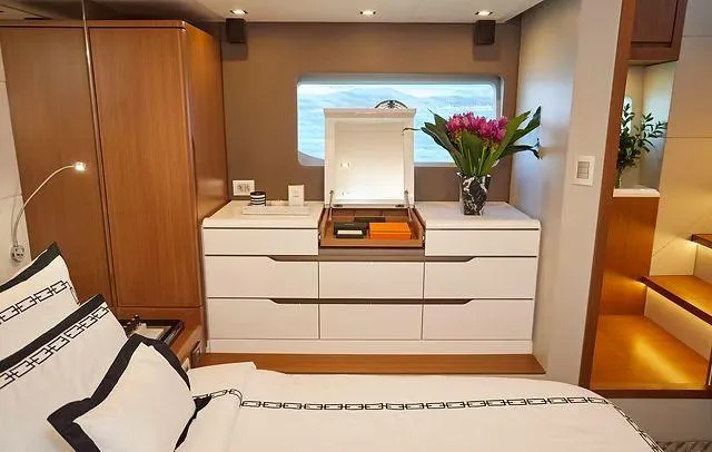 Slide: The Image of Luxurious Schaefer 660 yacht interior with elegant bedroom and modern furnishings, 2025 model. - 21