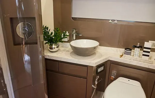 Slide: The Image of Luxurious Schaefer 660 yacht bathroom with modern fixtures and elegant design, 2025 model. - 30