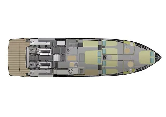 Slide: The Image of Top view of Schaefer 660 yacht layout, 2025 model, showcasing interior design and engine placement. - 45