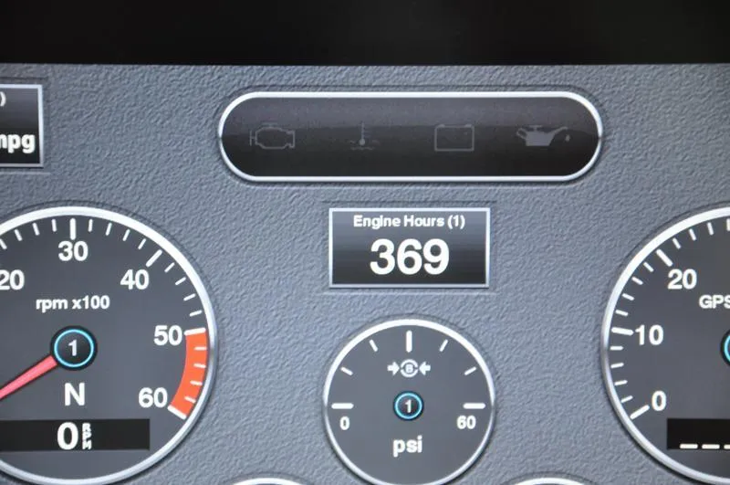 Slide: The Image of Dashboard of 2019 Sportsman Masters 267 Bay Boat showing 369 engine hours. - 27