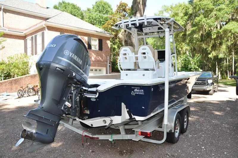 Slide: The Image of 2019 Sportsman Masters 267 Bay Boat with Yamaha engine on trailer. - 3