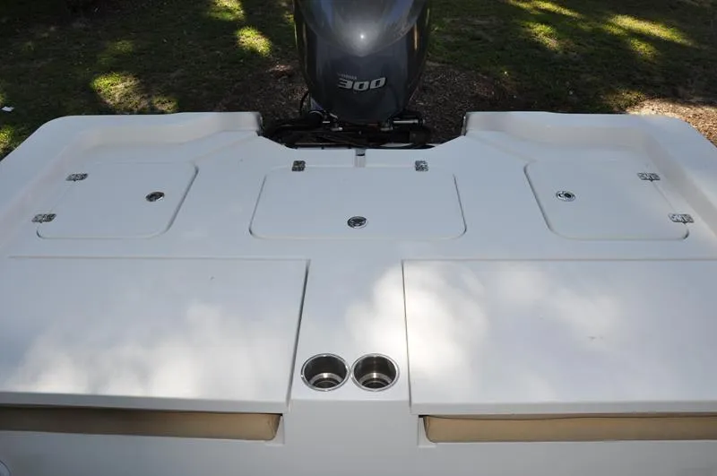 Slide: The Image of 2019 Sportsman Masters 267 Bay Boat with Yamaha 300 engine, rear deck view. - 8