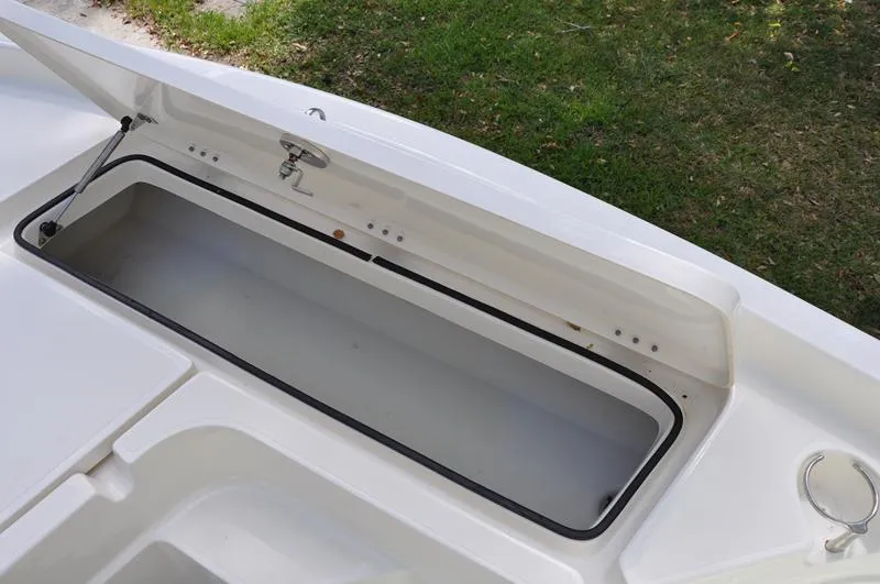 Slide: The Image of Open storage compartment on a 2017 Skeeter SX 210 boat, with grass in the background. - 31