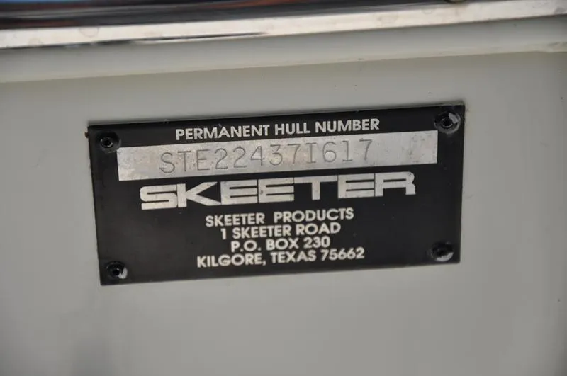 Slide: The Image of 2017 Skeeter SX 210 hull identification plate with serial number and manufacturer details. - 38
